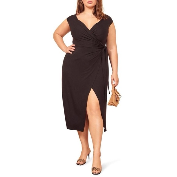 Reformation Sage Off The Shoulder Wrap Midi Dress Black Jersey Stretch Large - Picture 1 of 6